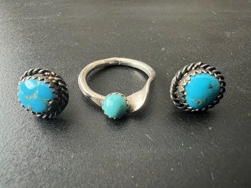 Vintage Navajo Handmade  Sterling Silver Turquoise Ring and Earrings