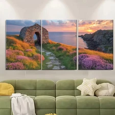 3pcs Nature Scene with Stone Arch & Lush Greenery Metal Print Ready to Hang Art