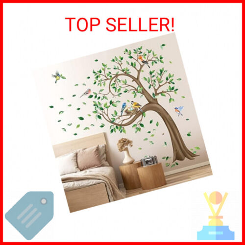 decalmile Large Green Tree Wall Stickers Flying Leaves Birds Wall Decals Bedroom