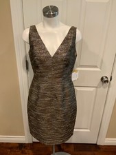 Elie Tahari Brown Bronze Metallic Striped Embroidered V-Neck Dress, Size 8