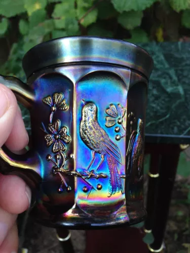 SALE!!!!!!       ANTIQUE AMETHYST NORTHWOOD CARNIVAL GLASS SINGING BIRDS MUG