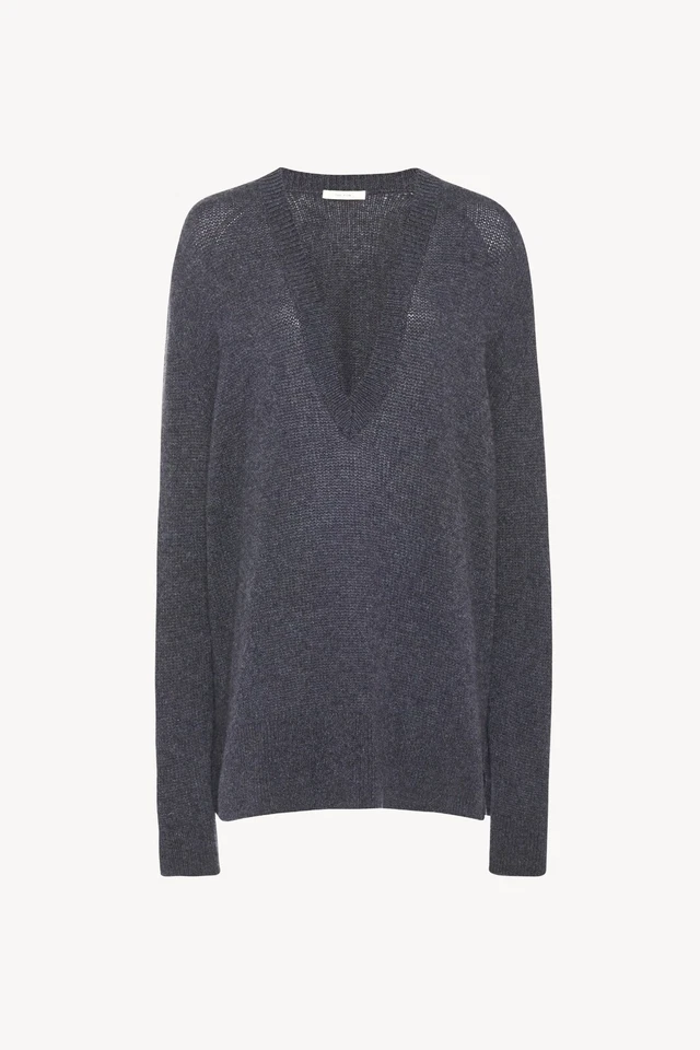 Suéter túnica gris pequeño The Row Baudelia cuello en V profundo 100 % cachemir de gran tamaño Foto 2 de 4