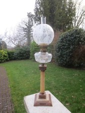 ORIGINAL ANTIQUE BRASS  CUT GLASS OIL LAMP  WITH ORIGINAL ACID ETCHED BALL SHADE