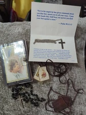 Lot Of Vintage Catholic Religious Items Rosary, 2 Scapulars, Book, Necklace 