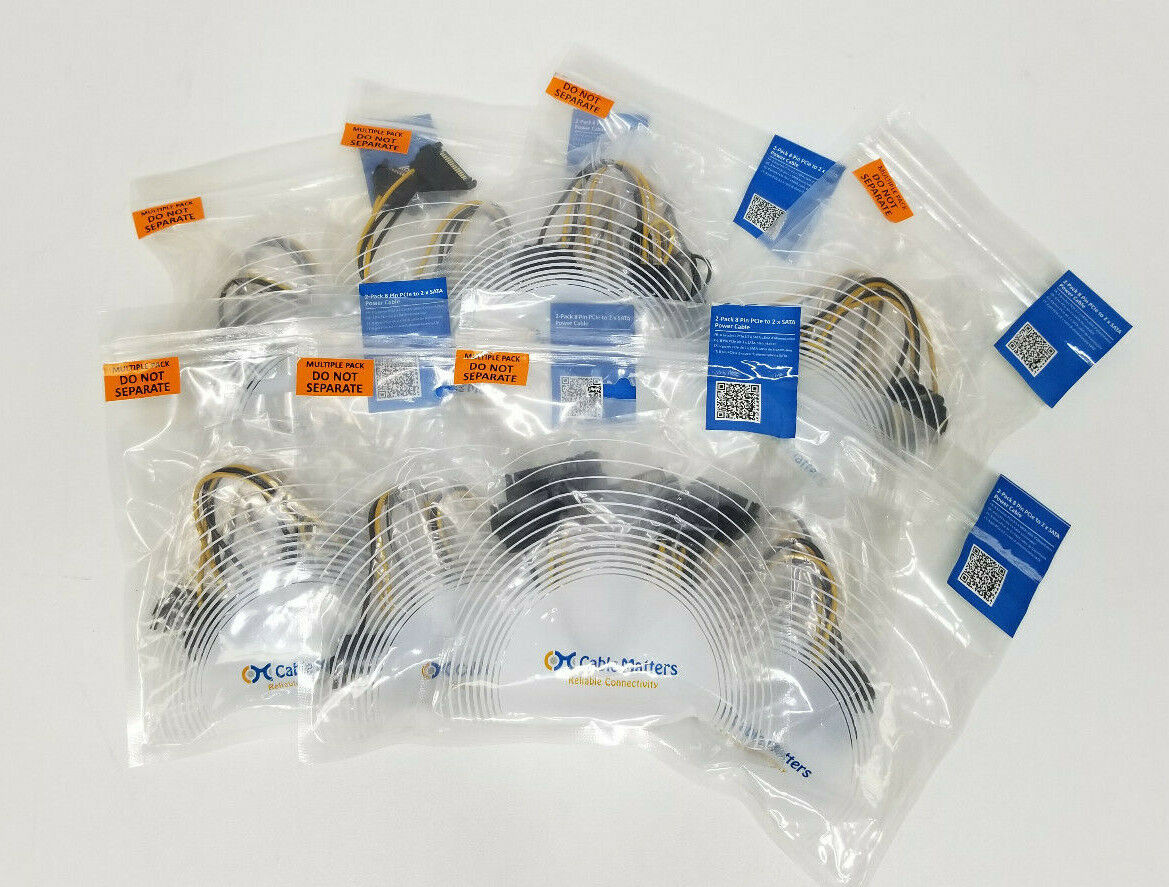 Lot of (8) 2-Pack 8 Pin PCIe to 2xSATA Power Cable