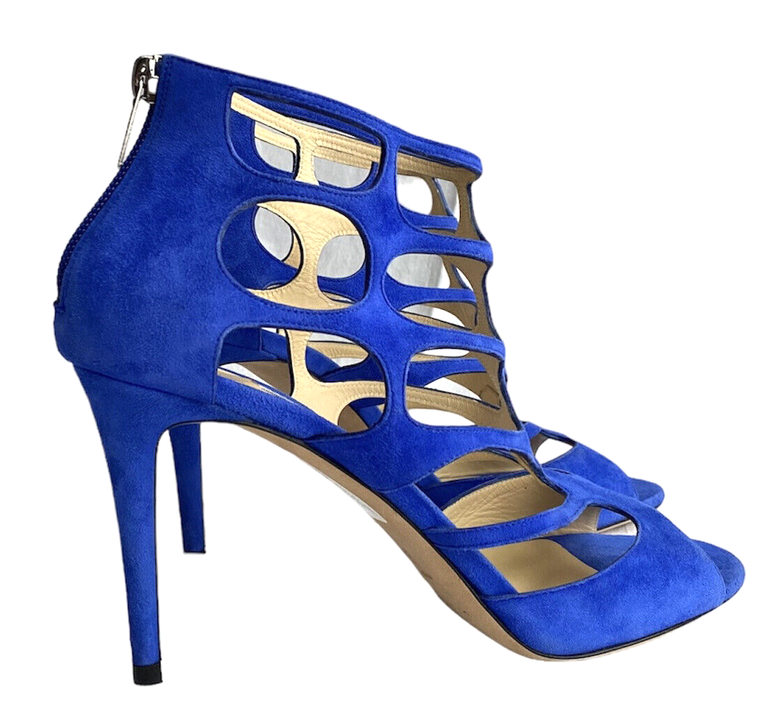 NEW JIMMY CHOO Ren 100 Cobalt Blue Suede Caged Heeled NEW JIMMY CHOO Ren 100 Cobalt Blue Suede Caged Heeled