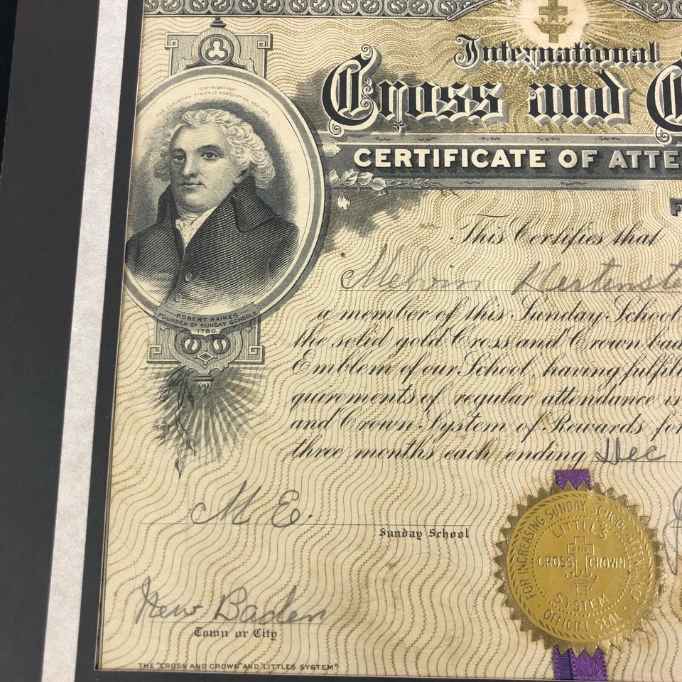 New Baden, IL Cross and Crown Church Sunday School Certificate John Jennings 30s - Image 2 of 4