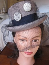 Authentic VTG Gothic Look 1940's Taupe Wool w/Black Ribbon Buttons Net Tilt Hat