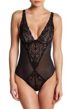 Natori BLACK Feathers Sheer Lace Bodysuit, US Medium