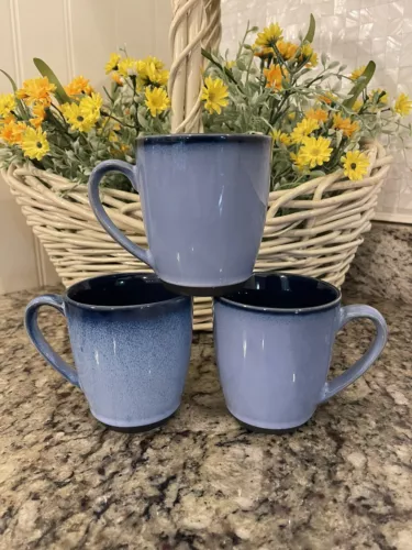 Set of 3 Sango Nova Blue 4934 COFFEE MUG CUP Microwave Safe Stoneware