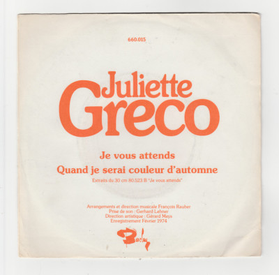 SP 45 TOURS JULIETTE GRECO ICH WARTE AUF SIE 1974 BARCLAY 660.015 SELTEN