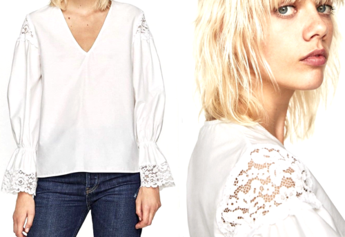 ZARA WHITE COTTON BLOUSE BOHO TOP SHIRT LONG SLEEVE V NECK LACE NEW - Picture 6 of 8