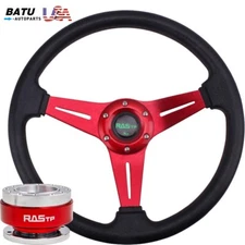 14" Red Racing Steering Wheel Drifting Deep Dish+Ball Quick Release Adapter Kit