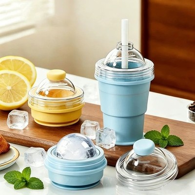 Foldable Ice Ball Cup Silicone Water Bottle Ice Mold with Straw Portable