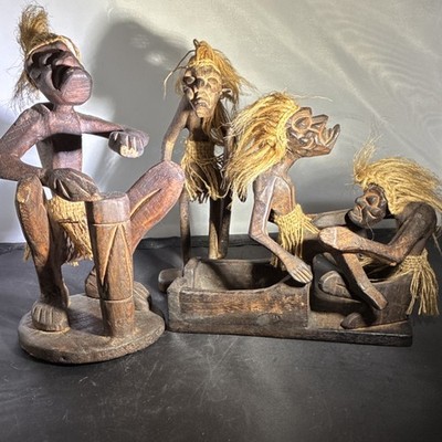 3pc Tribal Carved Wood People Figurine Set Brown w/ Straw Hair