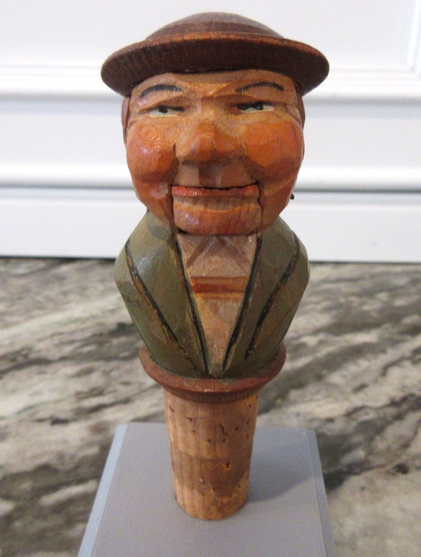 VTG ANRI HAND CARVED WOOD YAKKER MAN MECHANICAL MOUTH BOTTLE STOPPER PLUS STAND