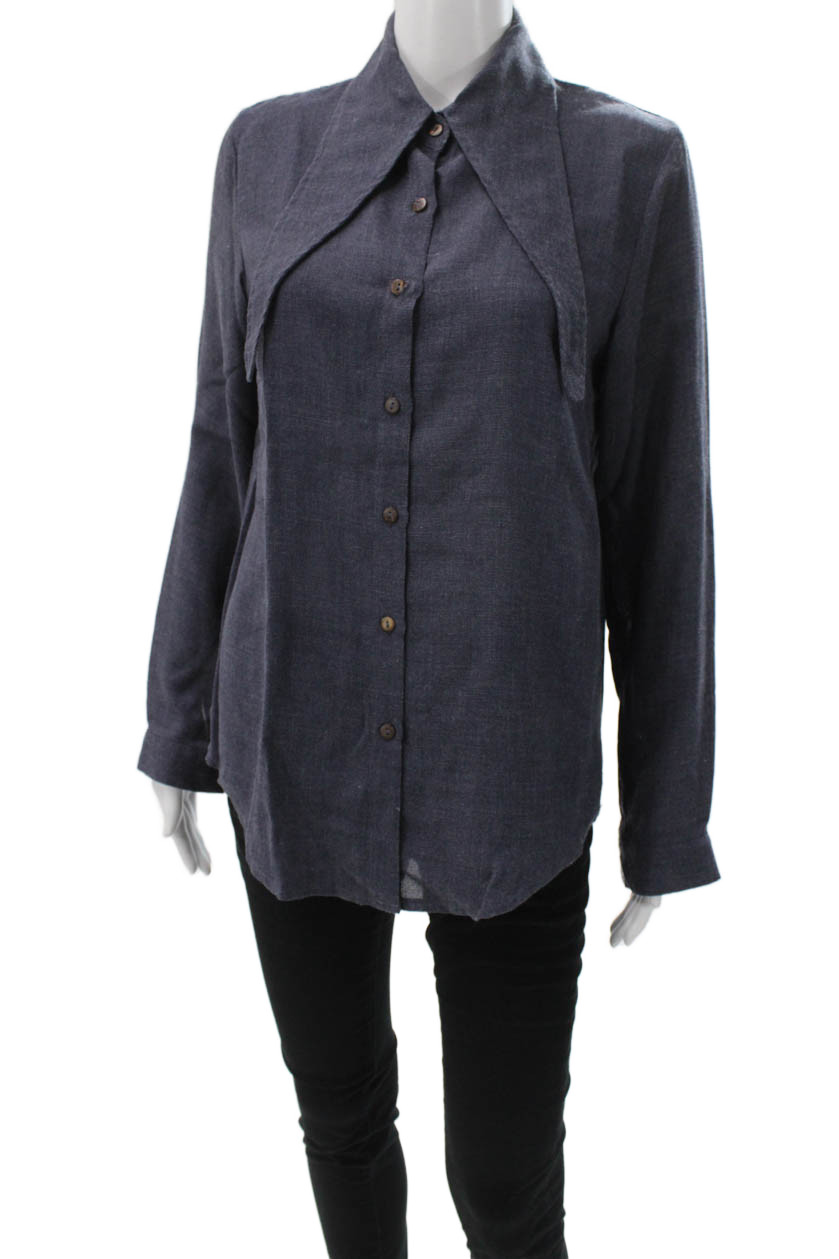 Sophyline Women Collared Button-Up Blouse Dark Blue Rayon Blend L/S Size SFree Shipping in US $100+ Orders | $6.95 Orders Below