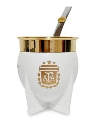 Mate Pampa  AFA ARGENTINA CAMPEON Mundial 2022 BLANCO  Virola DORADA Bombilla XL
