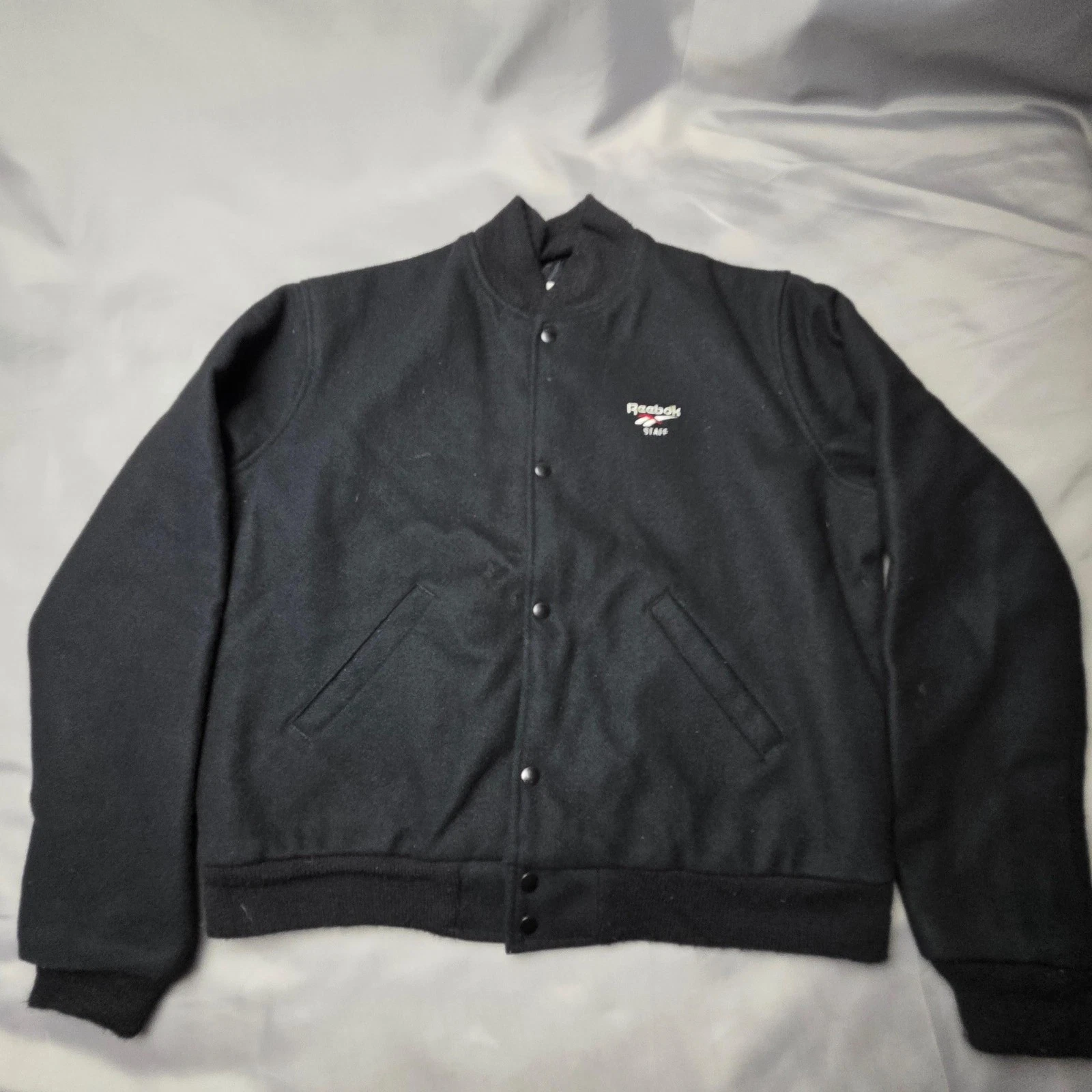 Reebok Staff Jacket Mens Lg Black Wool Blend Employee Bomber Quilted Lined Snap