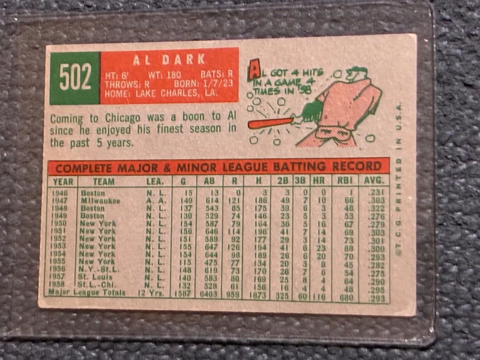 Topps Al Dark #502 1959 - sin pliegues - excelente Foto 2 de 2