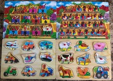 Lot of 4 Educational Wooden Peg Puzzles: Numbers, Letters, Vehicles,  Animals