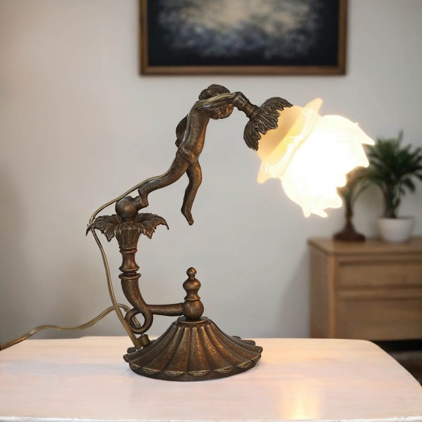 Tischleuchte Lampe Aus Messing Glas Handarbeit Deko Putte Jugendstil Premium-image