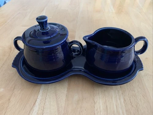 Homer Laughlin Fiesta 4 pc Cobalt Blue Cream and Sugar Set with Tray U.S.A