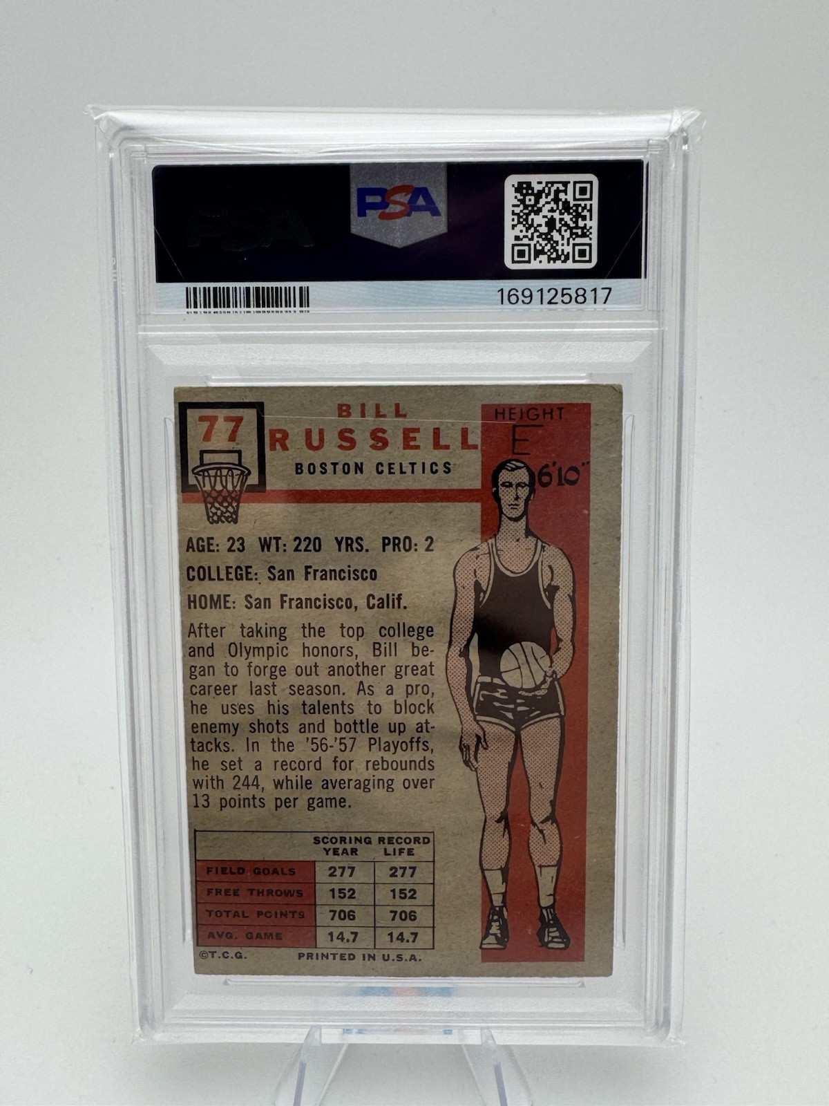 1957 Topps Bill Russell Rookie Card RC Graded PSA 3 Basketball #77 Celtics view 4