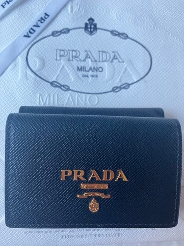 Prada Saffiano Leather Trifold Wallet Black Pink Gold Logo