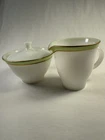 Pyrex PYR4 Creamer & Sugar Bowl w/ Lid Vintage Milk Glass w/Lime Green Gold Trim