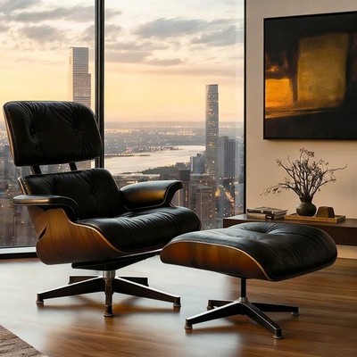 Pro Tall Eam Mid Century Lounge Sessel Chair & Ottomane Echt Leder Wohnzimmer