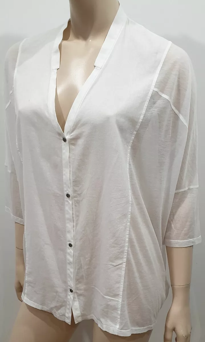 HELMUT LANG White Cotton Semi Sheer Panelled Plunge V Neckline Blouse Shirt  M