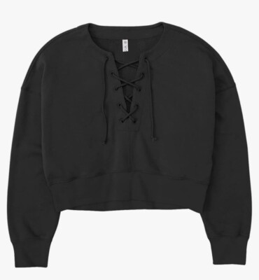 REORIA Rundhals Langarm Crop Top SWEATSHIRT Fledermaus Schnürung schwarz Medium NEU
