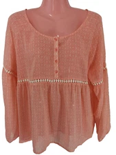 ARIAT Women's Top Size Med Peach White Boho Flowy Crochet Blouse Light Weight M