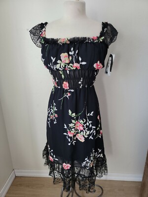 New Vintage Casadei Black  Floral Dress Lace Short Sleeve Midi  Stretch sz 4