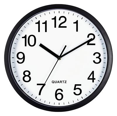 Black Wall Clock Silent Non Ticking 10 Inch Bold Quartz Movement Easy to Read