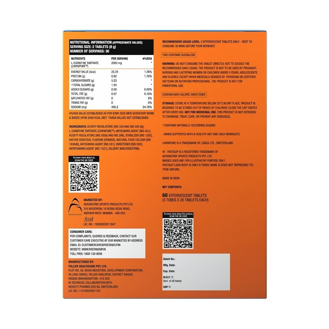 fast and up l carnitine 2000 mg Fast&Up L-Carnitine Lean Body 2000 mg (60 Effervescent Tablets) Orange Flavour