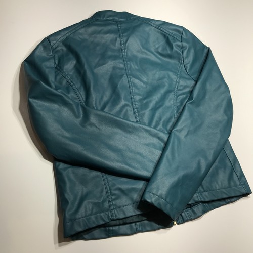 New Look Dark Teal Blue Faux Leather Zipper Moto Style Casual City Size Large - Picture 6 of 15