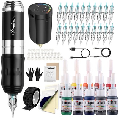 Compact Pro Tattoo Kit with Cordless Machine, Needles, and Ink Set - Lightweight