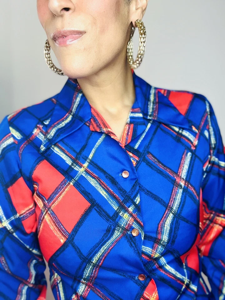 Blusa Top FALL PLAID Azul Rojo Años 70 Años 70 De Colección Con Botones Dama Flecha S M Foto 3 de 4