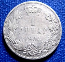  Serbia - 1 Dinar 1904 VF Kingdom Silver  KM#25 