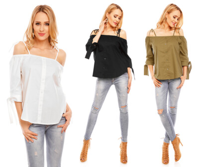 Women's top long sleeve blouse Carmen style off shoulder shirt blouse bow T-shirt 15456
