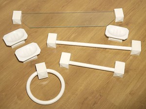 (PRL) BATHROOM FURNITURE LOT WALL ACCESSORIES SET 7 PIECES WOOD CERAMIC SHELF    