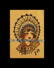 VINTAGE Beautiful Native American Indian Girl with Headdress TATTOO Flash Print