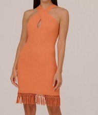 Adrianna Papell Women's Orange Halter-Neck Fringe Trim Rib Knit Dress Size 8