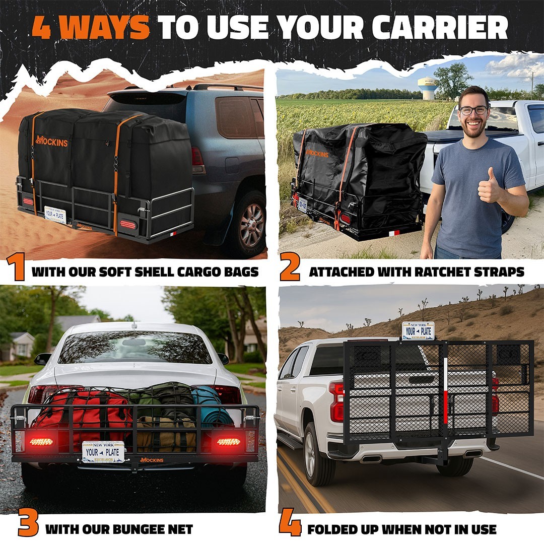 Mockins 66"x30"x14" XL High Rail Hitch Cargo Carrier with 45 Cu.Ft. Bag