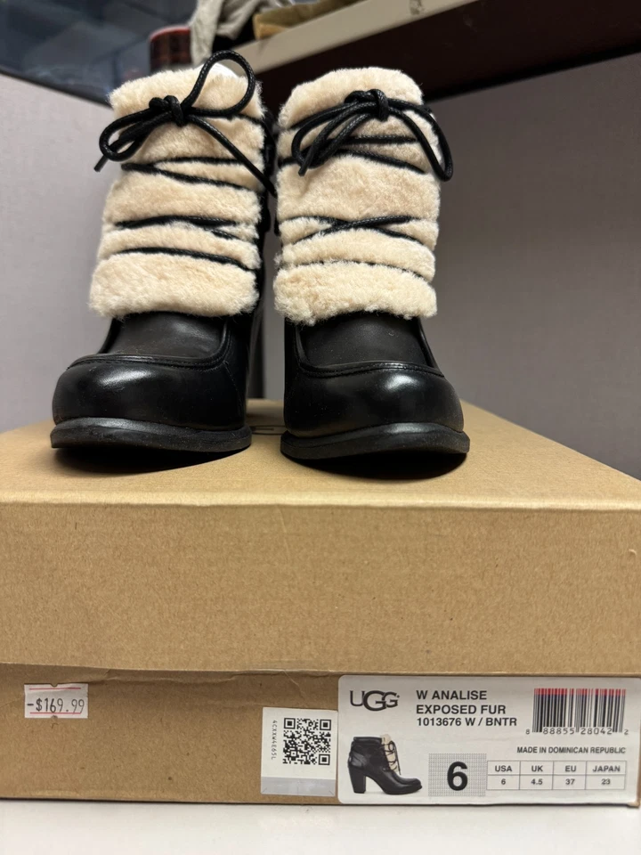 UGG Mujer Analizado Piel Expuesta Cuero Negro Bota Tacón Talla 6 Totalmente Nuevo Foto 2 de 4