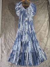 Vita Style Italy Blue White Tie Dye Maxi Dress Womens One Size Smocked Tiered Bo