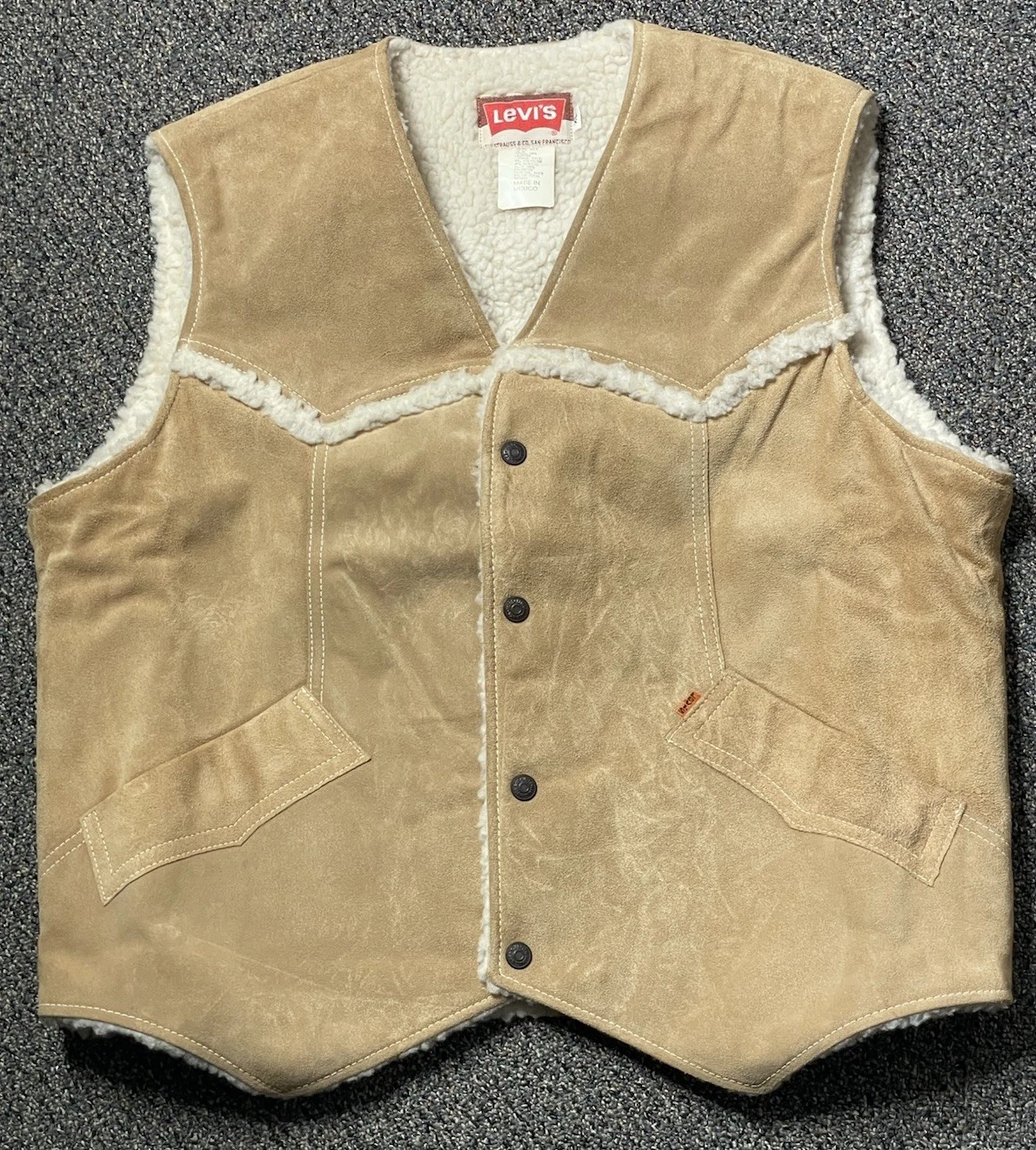 Vintage Levi's Sherpa Vest XL Brown Leather Snaps Western Orange Tab