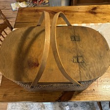 Vintage Redmon Woven Wicker Hinged Wood Top Picnic Basket - Made in USA Indiana